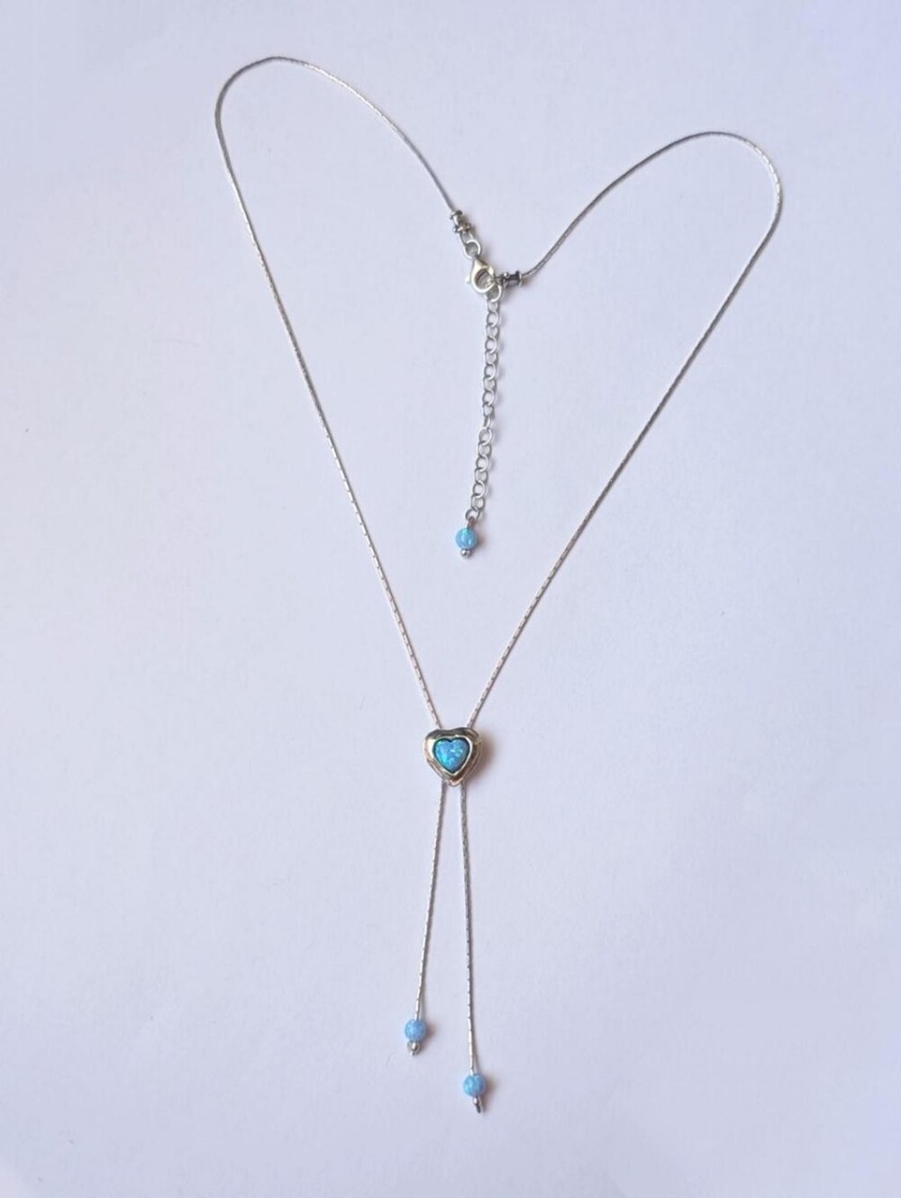 Noa Zuman 925 Sterling Silver Heart Turquoise Opal Y Lariat Bolo Necklace Israel